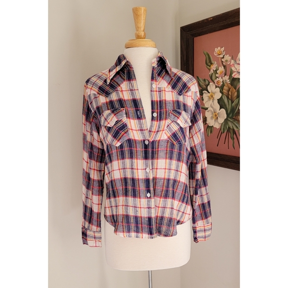 70s Plaid Cotton Gauze Long Sleeve 1970s Vintage Button Down India Cotton Blouse - Picture 9 of 15